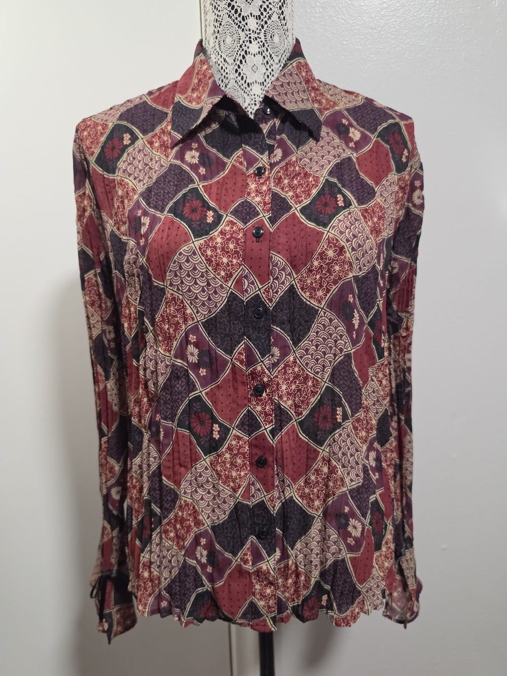 Vintage Y2K Apostrophe Patchwork Blouse M Whimsigoth Ribbon Cuffs